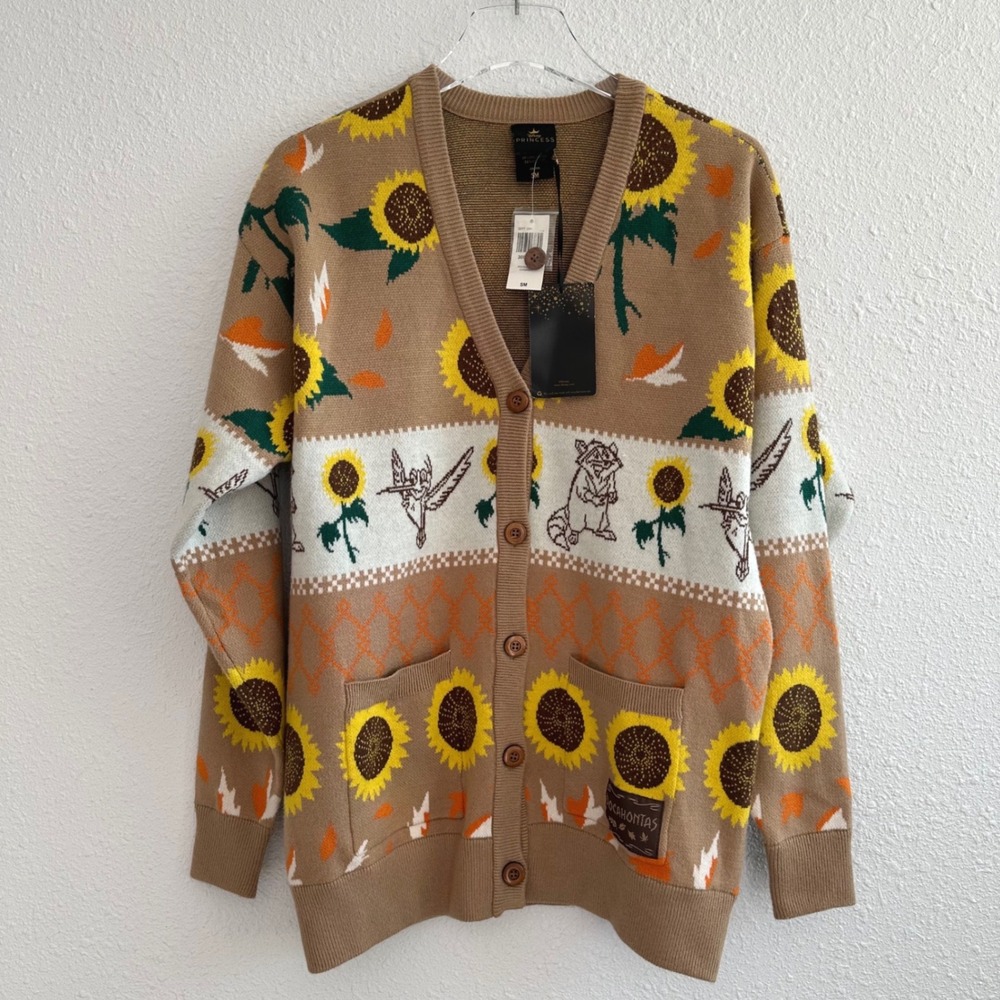 Disney BoxLunch Pocahontas Sunflower Patterned Cardigan Womens Small Brown
